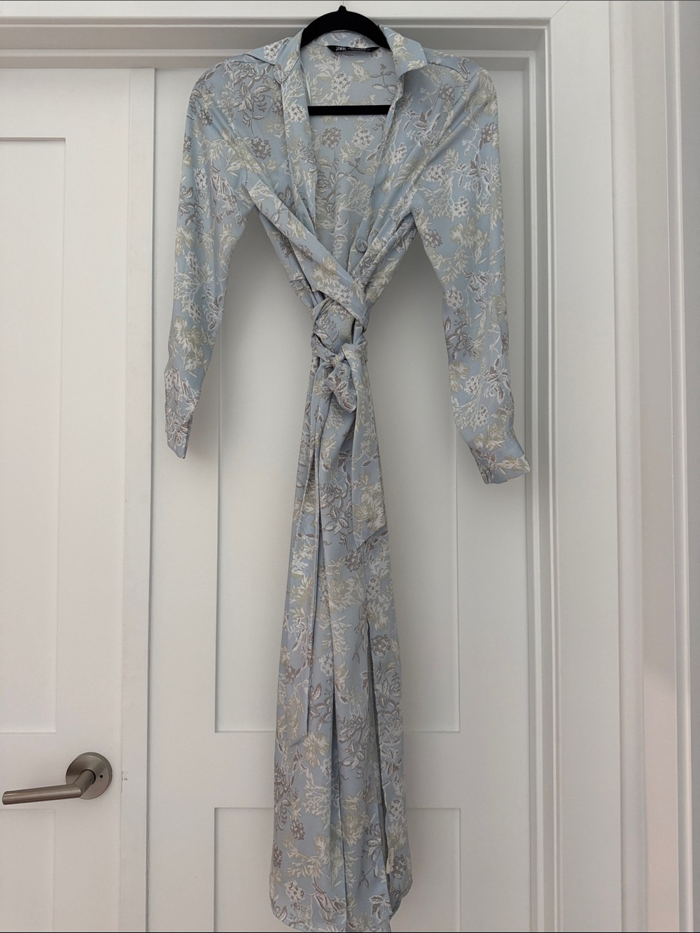 Zara Pale Blue Floral Long Sleeve Wrap Maxi Dress